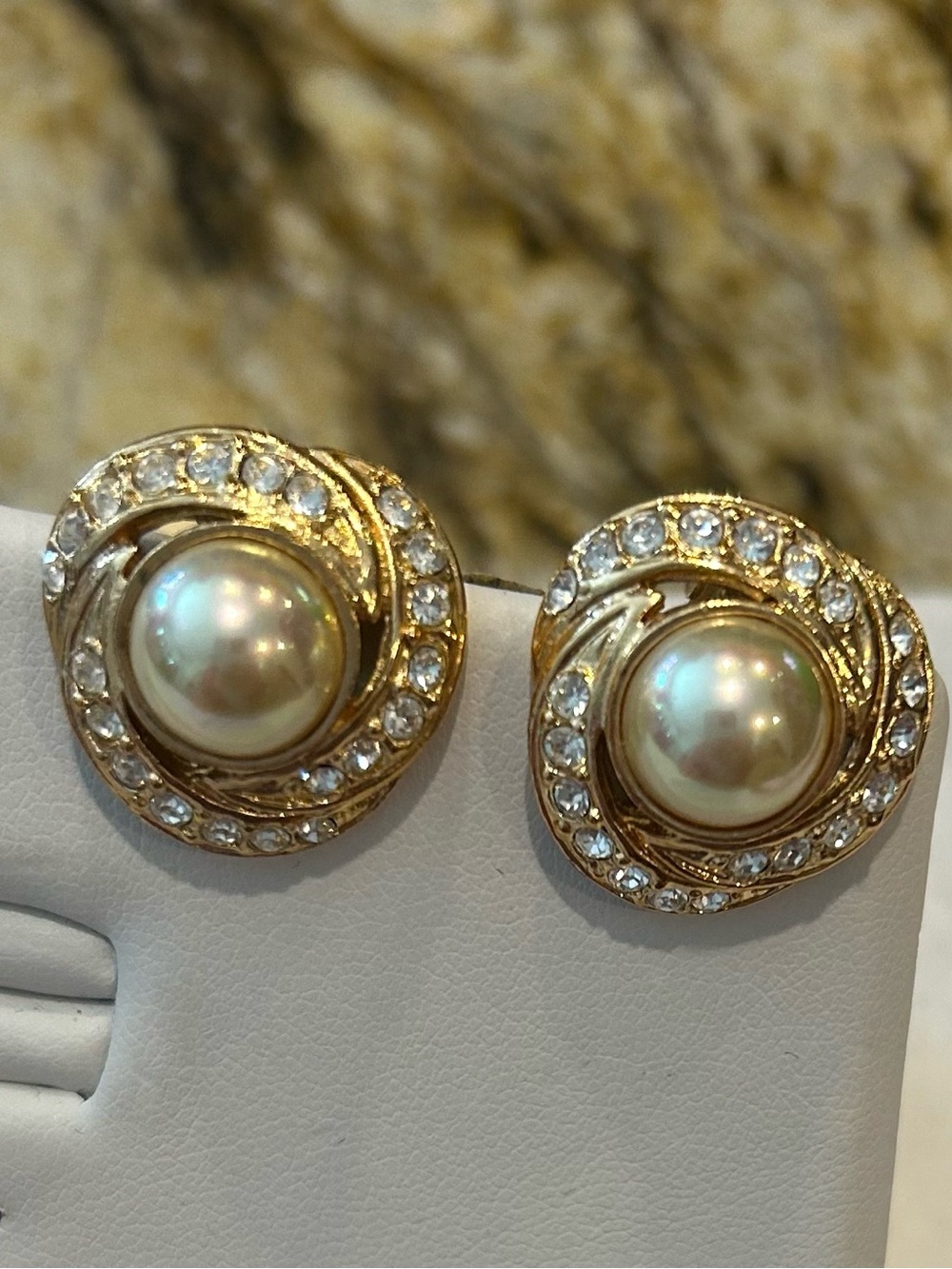 Vintage Roman Gold-Tone Pearl & Crystal Swirl Clip On Earrings